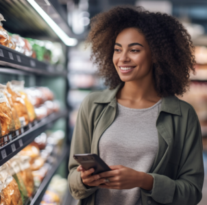 Femme utilisant un smartphone dans un magasin