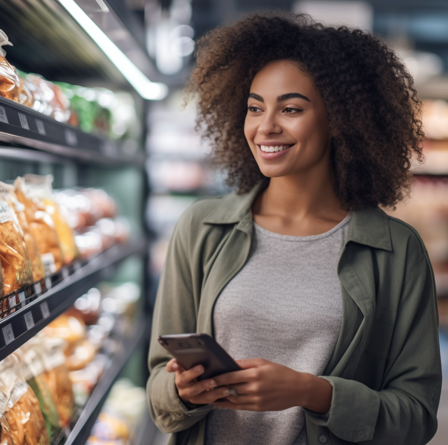 Femme utilisant un smartphone dans un magasin